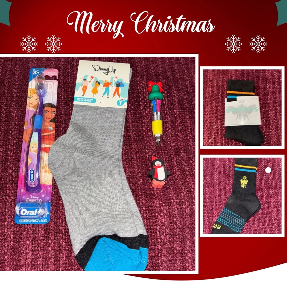 Stocking Stuffer Kid pen, 2 pair socks, Oral-B, Christmas penguin rubber toy